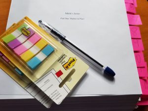 Revision Tools; Manuscript, sticky notes, ink pen