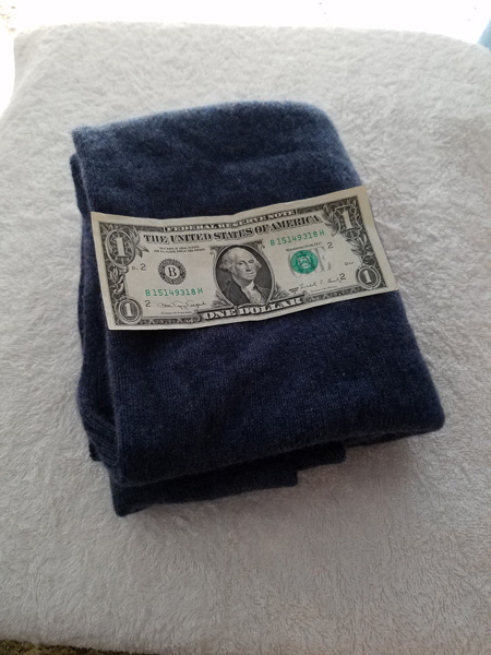 Poncho folded with a dollar bill for size comparison.