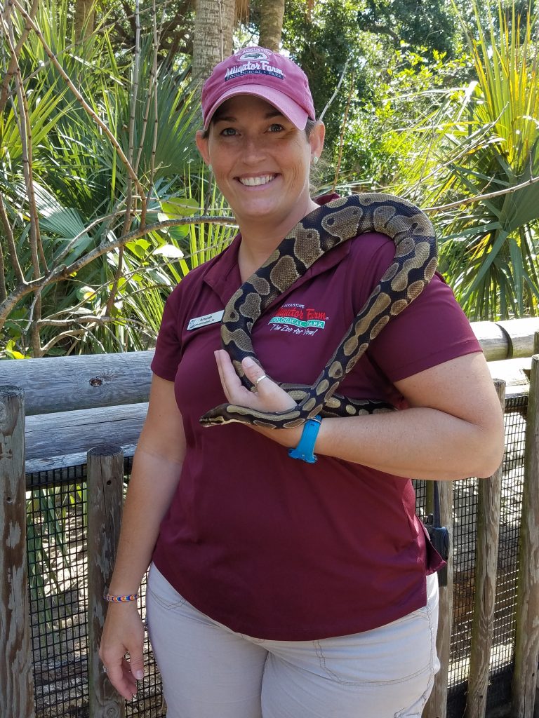 Park employee with a ball python.