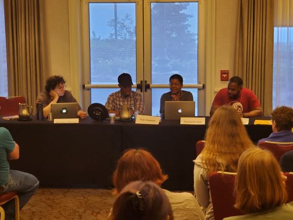 Michael J De Luca, Rob Cameron, Tananarive Due, Cadwell Turnbull (l to r) discuss solarpunk and afrofuturism.