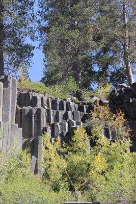 Vertical columns of basalt, covered with grass, look like stair steps.