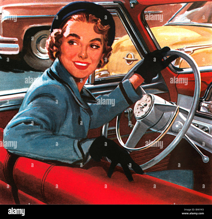 In color, drawing of a 50s woman driving a convertible