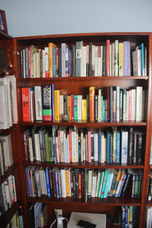 Close up of bookcase with dictionaries, style manuals , essays